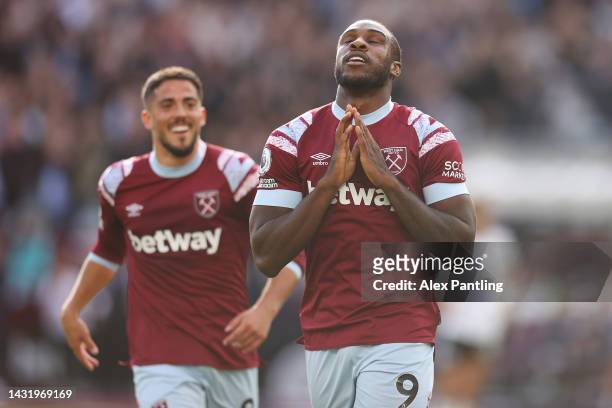 Michail Antonio of West Ham United celebrates after scoring their team's third goal during the Premier League match between West Ham United and...