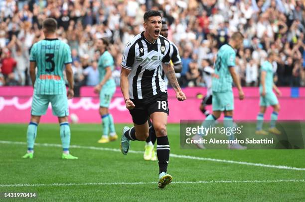 Nehuen Perez of Udinese Calcio celebrates scoring their side's second goal during the Serie A match between Udinese Calcio and Atalanta BC at Dacia...
