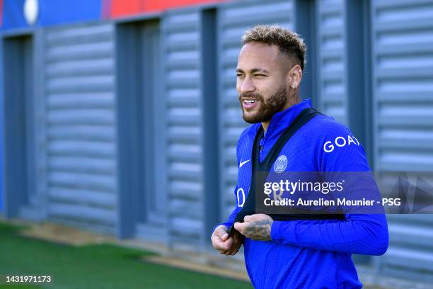 Neymar Jr looks on during a Paris Saint-Germain training session ahead of their UEFA Champions League group H match against Maccabi Haifa FC at PSG...