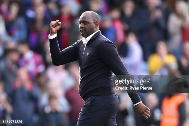 Patrick Vieira, Head Coach of Crystal Palace, interacts with the crowd after the final whistle of the Premier League match between Crystal Palace and...