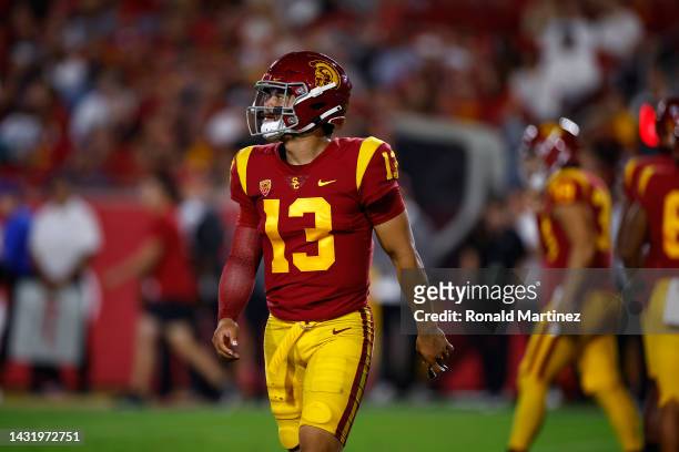 Caleb Williams of the USC Trojans at United Airlines Field at the Los Angeles Memorial Coliseum on October 08, 2022 in Los Angeles, California.