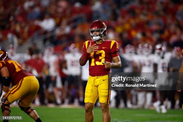 Caleb Williams of the USC Trojans at United Airlines Field at the Los Angeles Memorial Coliseum on October 08, 2022 in Los Angeles, California.