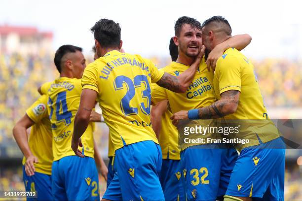 Victor Chust of Cadiz CF celebrates scoring their side's first goal with teammates during the LaLiga Santander match between Cadiz CF and RCD...