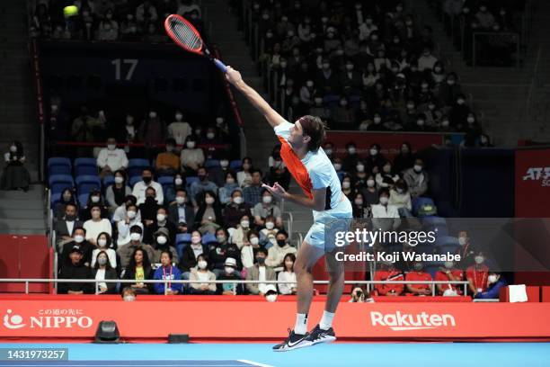 Taylor Fritz of the United States serves against Frances Tiafoe of the United States during the singles final game on day seven of the Rakuten Japan...