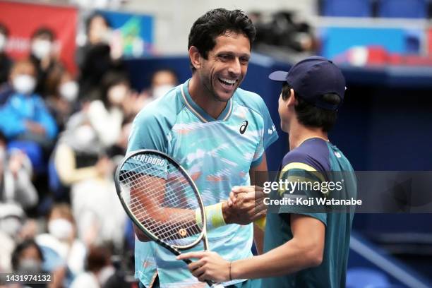 Mackenzie McDonald of the United States and Marcelo Melo of Brazil celebrate defeating Rafael Matos of Brazil and David Vega Hernandez of Spain in...