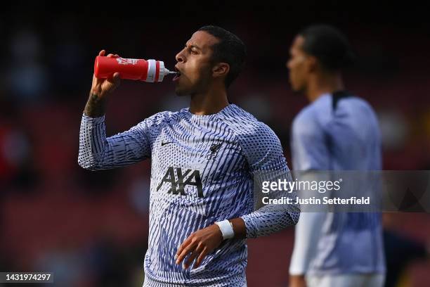 Thiago Alcantara of Liverpool warms up prior to the Premier League match between Arsenal FC and Liverpool FC at Emirates Stadium on October 09, 2022...