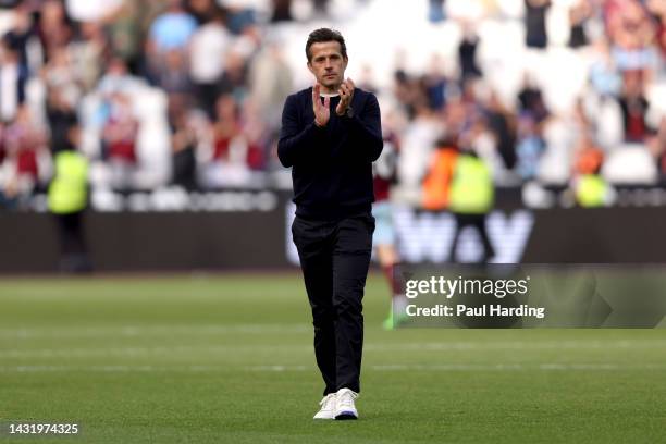 Marco Silva, Head Coach of Fulham, applauds the fans after their sides defeat during the Premier League match between West Ham United and Fulham FC...