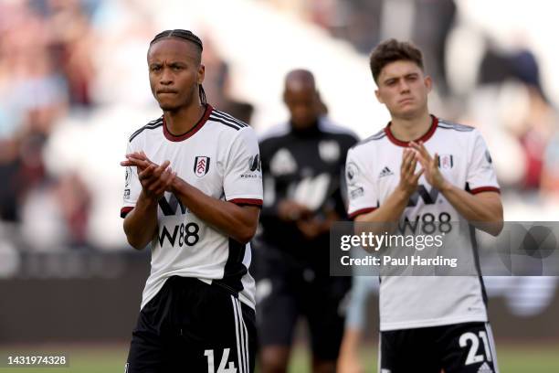 Bobby Reid of Fulham applauds the fans after their sides defeat during the Premier League match between West Ham United and Fulham FC at London...