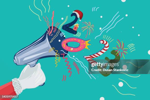 santa claus is holding a megaphone - new year cartoon stock illustrations
