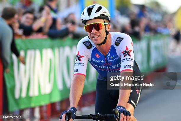 Iljo Keisse of Belgium and Team Quick-Step - Alpha Vinyl crosses the finishing line at his farewell as a professional cyclistduring the 11th Memorial...