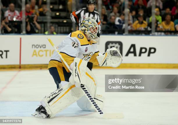 Kevin Lankinen, goaltender of Nashville Predators tends net against the San Jose Sharks during the 2022 NHL Global Series Challenge Series Czech...