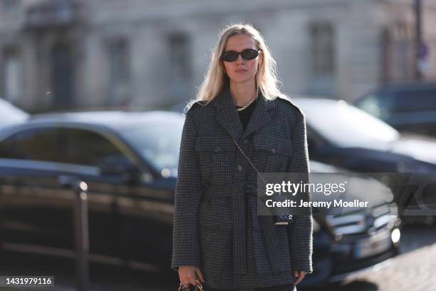 Marie von Behrens-Felipe seen wearing a Chanel look with a jacket by Chanel and leather bag by Chanel, outside Chanel during Paris Fashion Week on...