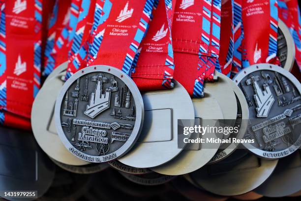 Detail of medals for the 2022 Chicago Marathon at Grant Park on October 09, 2022 in Chicago, Illinois.