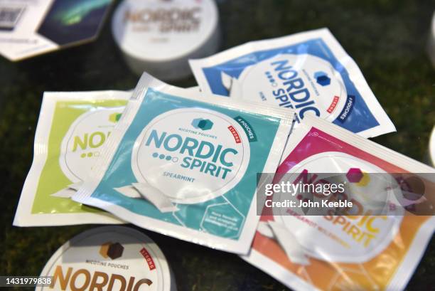 Nordic Spirit, tobacco free Nicotine pouches are displayed during the Vaper Expo at National Exhibition Centre on October 07, 2022 in Birmingham,...