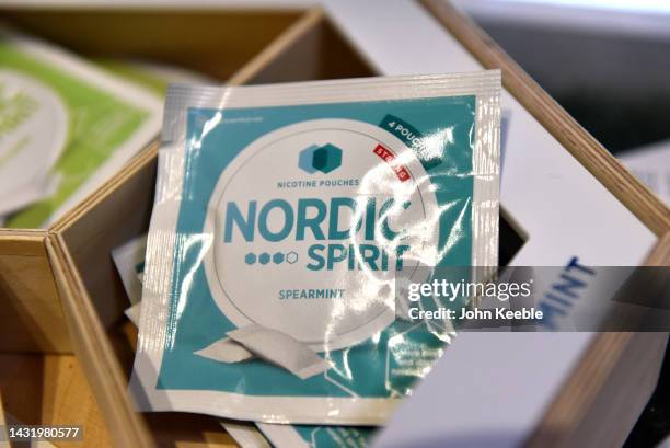 Nordic Spirit, tobacco free Nicotine pouches are displayed during the Vaper Expo at National Exhibition Centre on October 07, 2022 in Birmingham,...