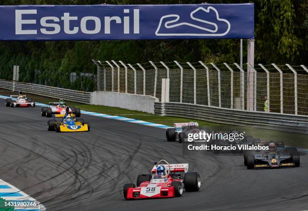 Formula 1 cars speed by during the Classic GP Pre-1986 F1 race on the last day of Estoril Classics in Fernanda Pires da Silva Estoril Circuit on...