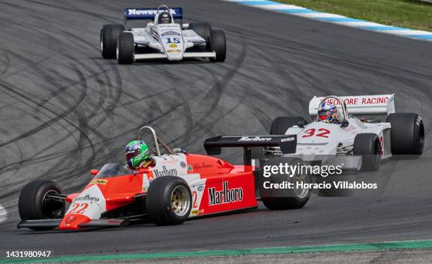 An Alfa Romeo leads as Formula 1 cars speed by during the Classic GP Pre-1986 F1 race on the last day of Estoril Classics in Fernanda Pires da Silva...