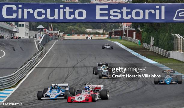 Formula 1 cars speed by during the Classic GP Pre-1986 F1 race on the last day of Estoril Classics in Fernanda Pires da Silva Estoril Circuit on...