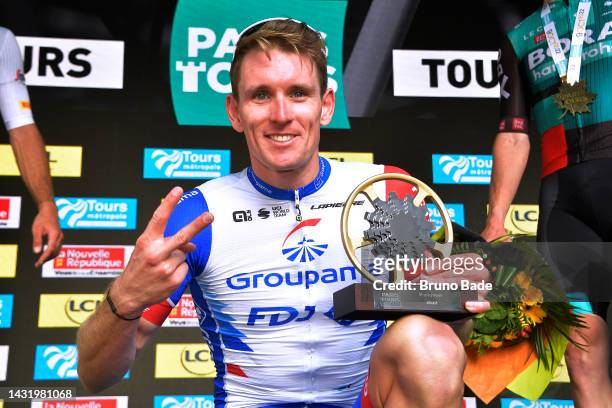 Arnaud Demare of France and Team Groupama - FDJ celebrates at podium as race winner during the 116th Paris - Tours Elite 20222 a 213,5km one day race...