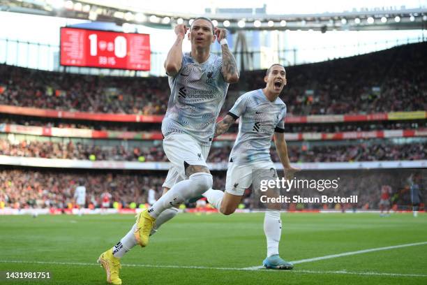 Darwin Nunez of Liverpool celebrates after scoring their team's first goal during the Premier League match between Arsenal FC and Liverpool FC at...