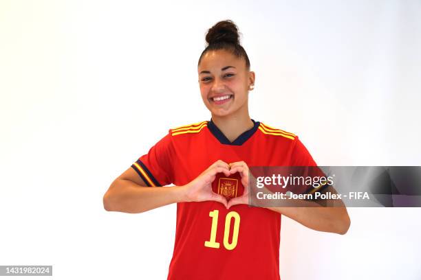 Carla Camacho Carrillo of Spain poses during the FIFA U-17 Women's World Cup 2022 Portrait Session on October 09, 2022 in Navi Mumbai, India.