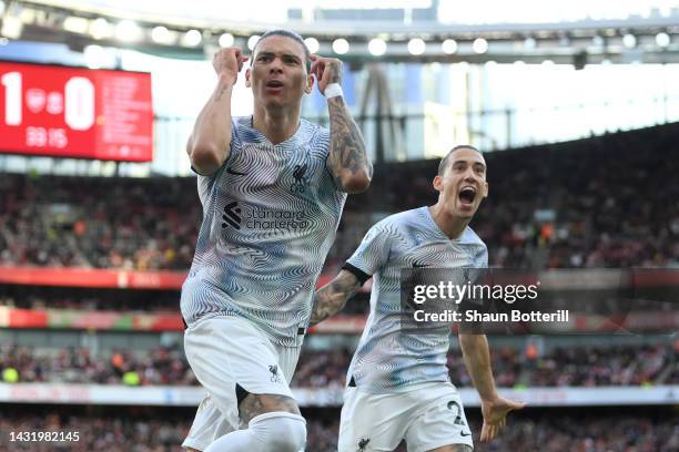 Darwin Nunez of Liverpool celebrates after scoring their team's first goal during the Premier League match between Arsenal FC and Liverpool FC at...