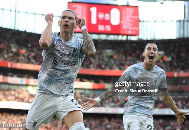 Darwin Nunez of Liverpool celebrates after scoring their team's first goal during the Premier League match between Arsenal FC and Liverpool FC at...