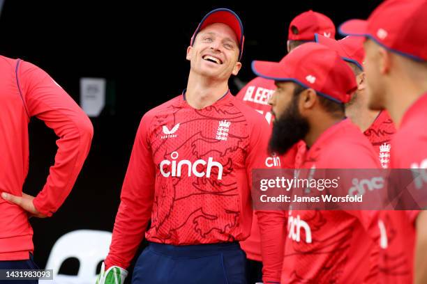 Jos Buttler of England has a laugh before heading out onto the ground during game one of the T20 International series between Australia and England...