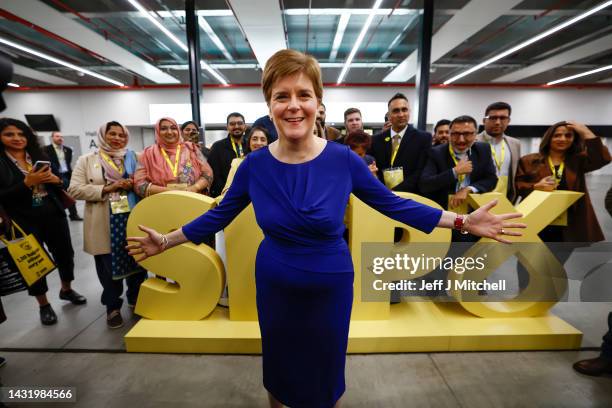 First Minister Nicola Sturgeon views the exhibitor’s hall during day two of the Scottish National Party Conference on October 09, 2022 in Aberdeen,...