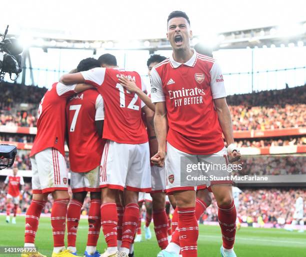 Gabriel Martinelli celebrates the 2nd Arsenal goal, scored by Bukayo Saka during the Premier League match between Arsenal FC and Liverpool FC at...