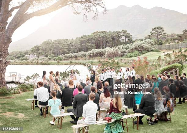 wedding, nature and group of family and friends at the ceremony in a lake garden for celebration. love, outdoors and guests watching a couple get married at a luxury, elegant and marriage event. - wedding ceremony bildbanksfoton och bilder