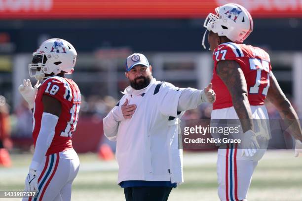New England Patriots offensive line coach Matt Patricia coaches during pregame against the Detroit Lions at Gillette Stadium on October 09, 2022 in...