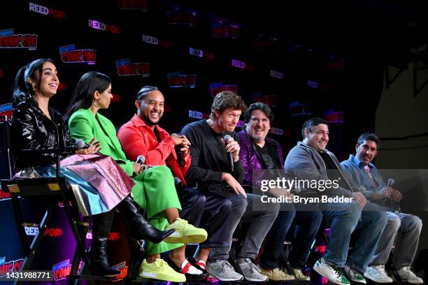 Saara Chaudry, Lilly Singh, Tahj Mowry, Anders Holm, Bill Barretta, Adam F. Goldberg and Jeff Yorkes speak at The Muppets Mayhem panel during New...
