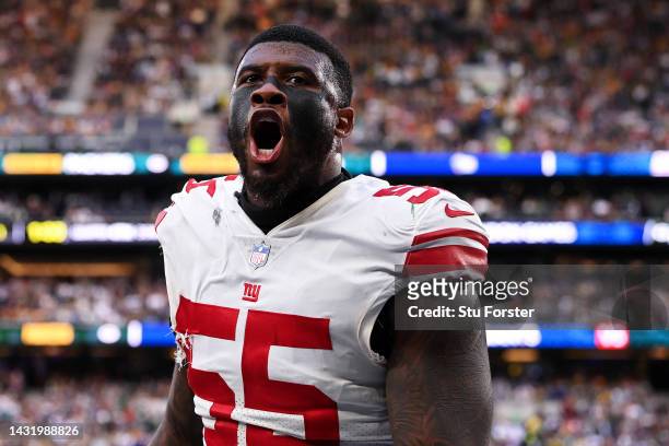 Jihad Ward of the New York Giants celebrates after their sides victory during the NFL match between New York Giants and Green Bay Packers at...
