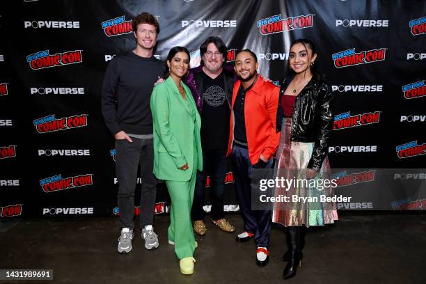 Anders Holm, Lilly Singh, Adam F. Goldberg, Tahj Mowry and Saara Chaudry attend The Muppets Mayhem panel during New York Comic Con 2022 on October...