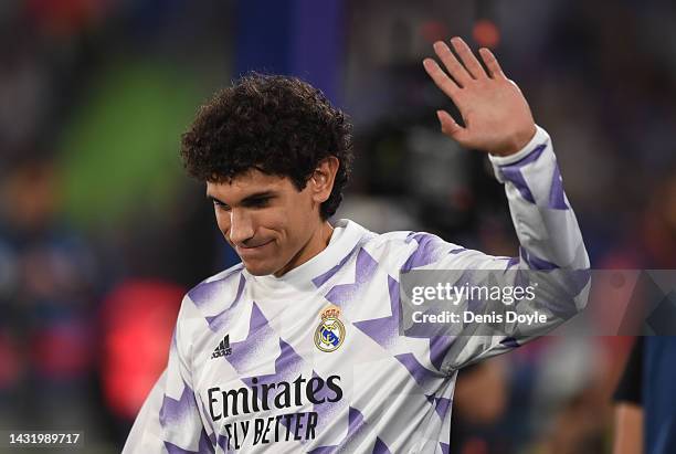 Jesus Vallejo waves to fans before the LaLiga Santander match between Getafe CF and Real Madrid CF at Coliseum Alfonso Perez on October 08, 2022 in...