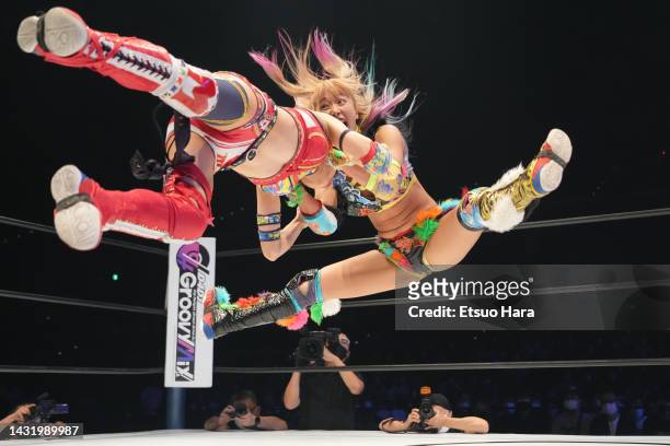Sayaka Unagi and Momo Kohgo a compete during the Women's Pro-Wrestling "Stardom" 5 Star GP Final at Musashino Forest Sport Plaza on October 01, 2022...