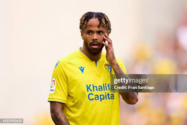 Theo Bongonda of Cadiz CF looks on during the LaLiga Santander match between Cadiz CF and RCD Espanyol at Estadio Nuevo Mirandilla on October 09,...