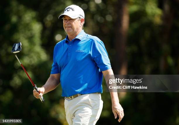 Lee Janzen of the United States reacts on the first green during the final round of the Constellation FURYK & FRIENDS at Timuquana Country Club on...