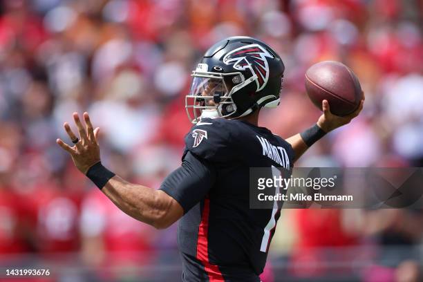 Marcus Mariota of the Atlanta Falcons throws a pass during the first half of the game against the Tampa Bay Buccaneers at Raymond James Stadium on...