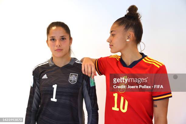 Carla Camacho Carrillo and Sofia Fuente Andres of Spain pose during the FIFA U-17 Women's World Cup 2022 Portrait Session on October 09, 2022 in Navi...