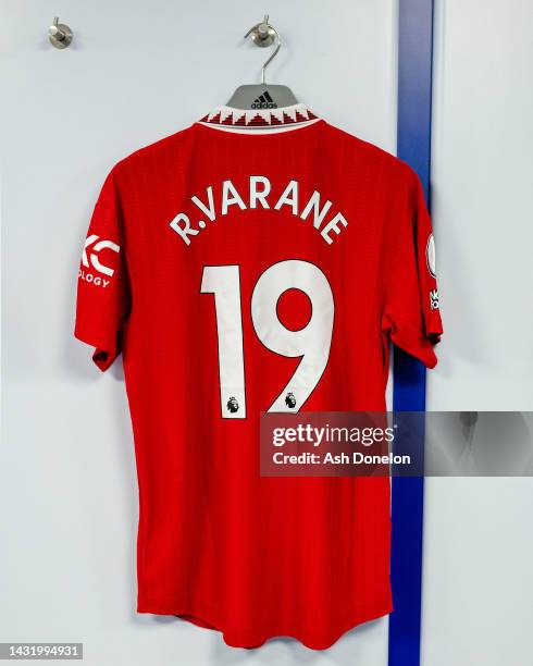 General view of the Manchester United kit in the dressing room ahead of the Premier League match between Everton FC and Manchester United at Goodison...