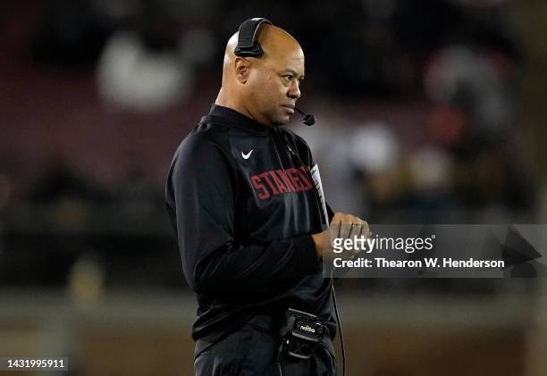 Head coach David Shaw of the Stanford Cardinal looks on from the sidelines against the Oregon State Beavers during the third quarter at Stanford...