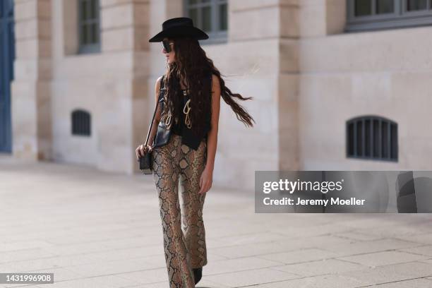 Sabina Jakubowicz seen wearing a Louis Vuitton petite malle bag, big shades by Gucci, Gucci animal print pants, a gold and black vest by Louis...