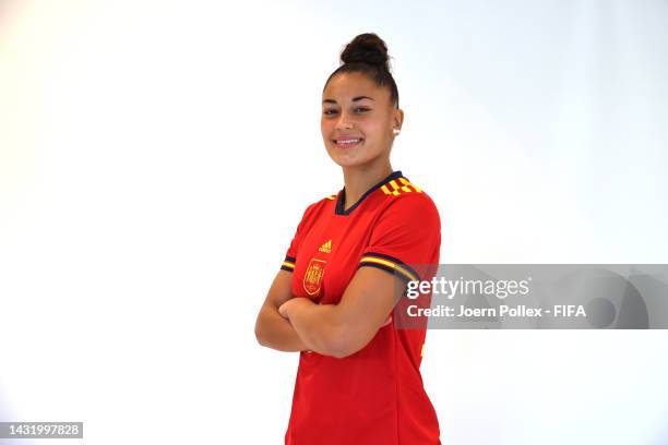 Carla Camacho Carrillo of Spain poses during the FIFA U-17 Women's World Cup 2022 Portrait Session on October 09, 2022 in Navi Mumbai, India.