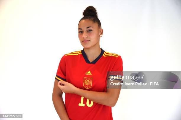 Carla Camacho Carrillo of Spain poses during the FIFA U-17 Women's World Cup 2022 Portrait Session on October 09, 2022 in Navi Mumbai, India.