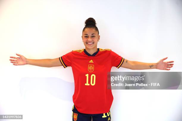 Carla Camacho Carrillo of Spain poses during the FIFA U-17 Women's World Cup 2022 Portrait Session on October 09, 2022 in Navi Mumbai, India.