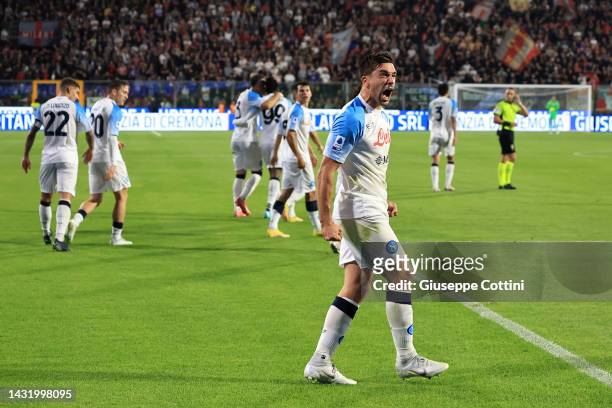 Giovanni Simeone of SSC Napoli celebrates after scoring the his team's secon goal during the Serie A match between US Cremonese and SSC Napoli at...
