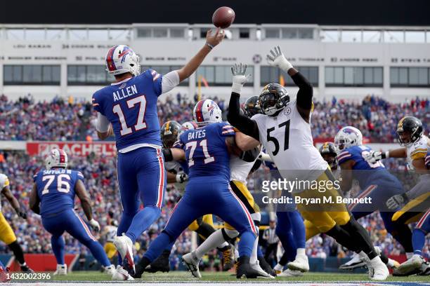 Josh Allen of the Buffalo Bills passes against the Pittsburgh Steelers during the second quarter at Highmark Stadium on October 09, 2022 in Orchard...