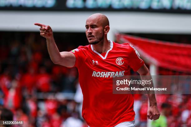 Carlos González of Toluca celebrates after scoring his team's second goal during the playoff match between Toluca and FC Juarez as part of the Torneo...